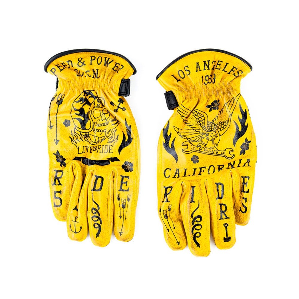 Leather gloves | Yellow Motorcycle gloves with tattoo graphics | Ton-up ...